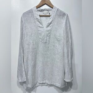 Cynthia Rowley 100% Linen White & Green Paisley Print V-Neck Tunic Blouse Size L